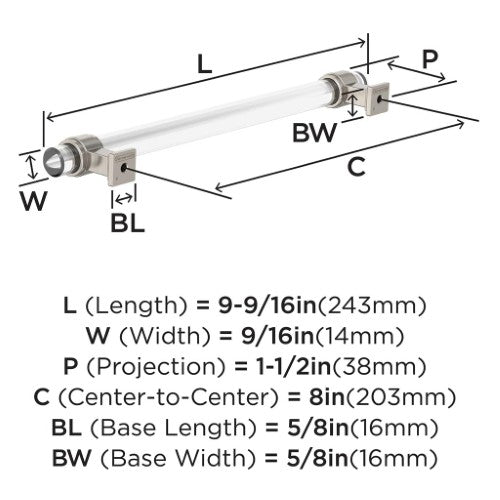 Glacio Zinc & Glass Clear / Satin Nickel Cabinet Pull 10