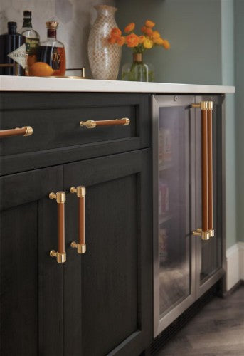 Fairlane Zinc & Leather Cognac Leather / Champagne Bronze Cabinet Pull 25