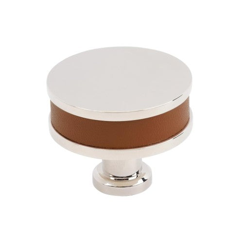 Fairlane Zinc & Leather Cognac Leather / Polished Nickel Cabinet Knob 1