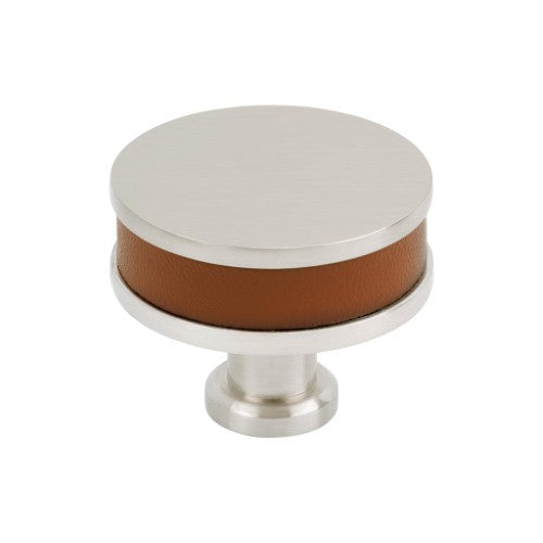 Fairlane Zinc & Leather Cognac Leather / Satin Nickel Cabinet Knob 1