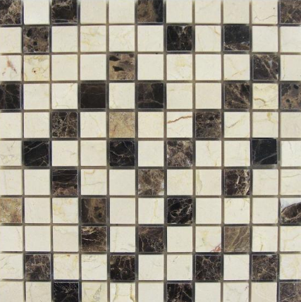 Crema Marfil Honed Marble Mosaic - 1" x 1" with Emperador Light & Emperador Dark