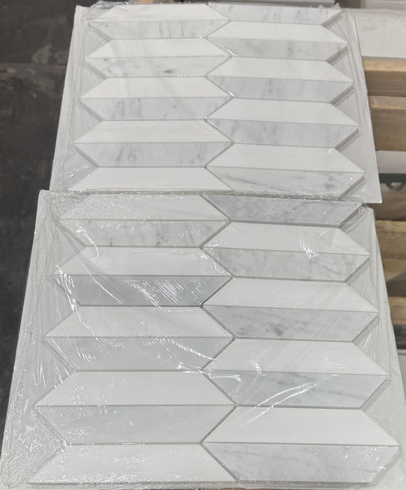 Bianco Dolomite & White Carrara Mixed Marble Mosaic - Picket Fence Polished