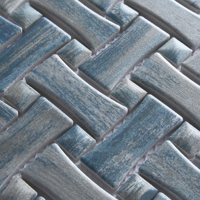 Cassis Porcelain Dog Bone Basketweave Blue w/ Blue Dot Mosaic Satin 8