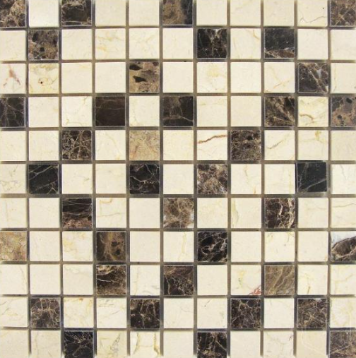 Emperador Dark Polished Marble Mosaic - 1" x 1" with Crema Marfil & Emperador Light