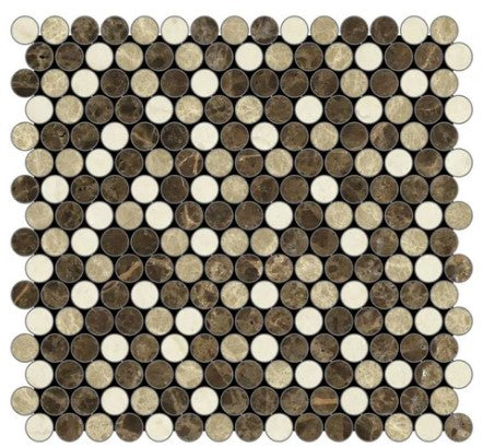 Emperador Dark Polished Marble Mosaic - Penny Round with Crema Marfil & Emperador Light