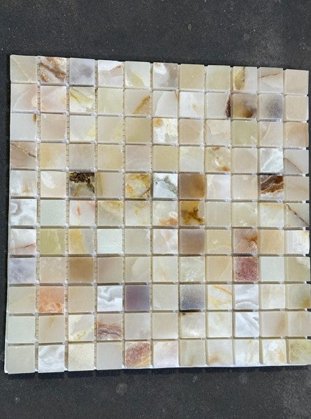 White Cross Cut Onyx Mosaic - 1" x 1" Polished Onyx Mosaic - 5/8" x 5/8"