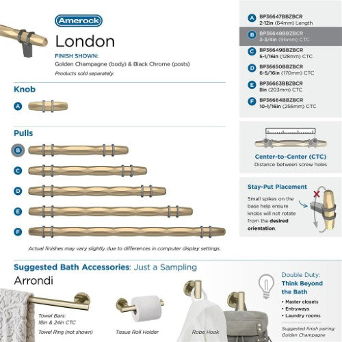 London Zinc Golden Champagne / Black Chrome Cabinet Pull 24