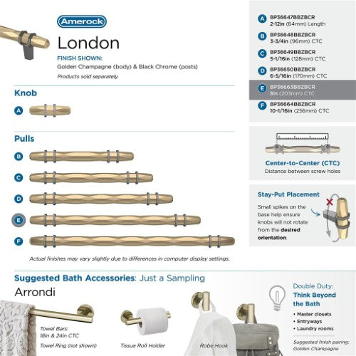 London Zinc Golden Champagne / Black Chrome Cabinet Pull 22