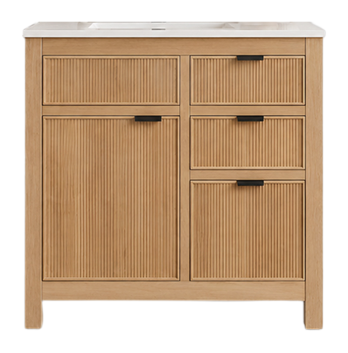 Catalina Natural Oak Wood Freestanding Single Sink Bathroom Vanity with Pure White Top & Black Cabinet Pull - 30" (8" Faucet Hole Spacing) (Assembled)