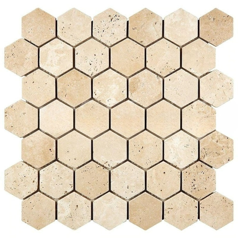 Full Sheet Sample - Ivory Travertine Mosaic - 2" Hexagon Filled & Honed