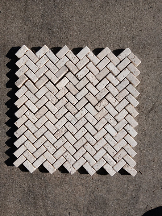 Ivory Travertine Mosaic - 1" x 2" Herringbone Tumbled 