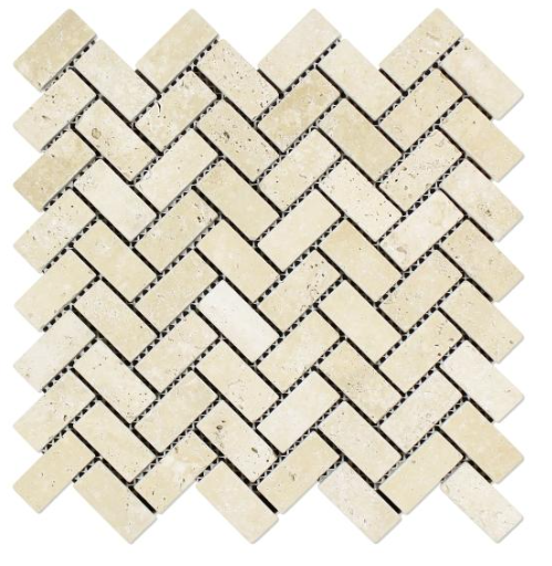 Ivory Tumbled Travertine Mosaic - 1" x 2" Herringbone