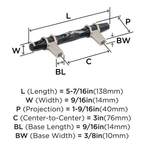 Carrione Zinc Marble Black / Satin Nickel Cabinet Pull 10