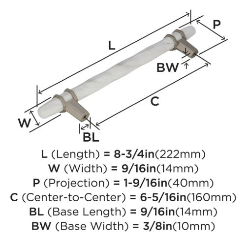 Carrione Zinc Marble White / Satin Nickel Cabinet Pull 8