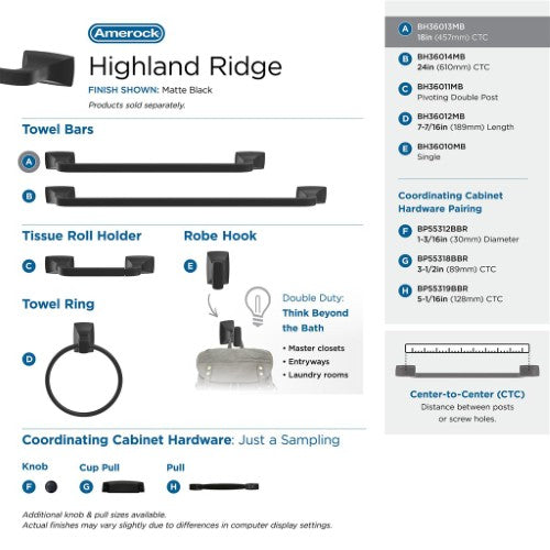 Highland Ridge Zinc & Stainless Steel Matte Black Towel Bar 14