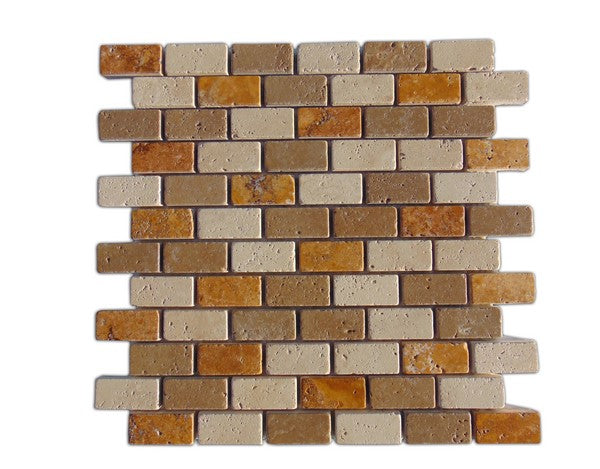 Full Sheet Sample - 3 Color Mixed Travertine Mosaic - 1" x 2" Brick Split Face