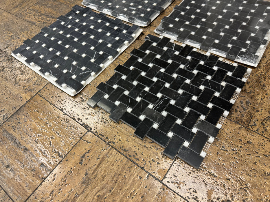 Nero Marquina Marble Mosaic Basket Weave with White Dots Polished 1