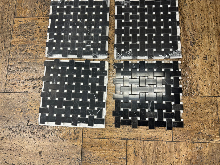 Nero Marquina Marble Mosaic Basket Weave with White Dots Polished 4