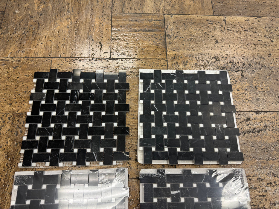 Nero Marquina Marble Mosaic Basket Weave with White Dots Polished 5