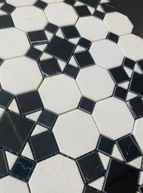 Thassos White Polished Marble Mosaic - Octagon Patio with Black