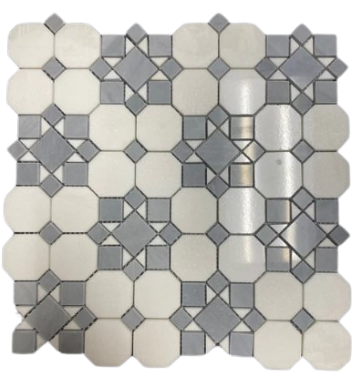Thassos White Polished Marble Mosaic - Octagon Patio with Blue