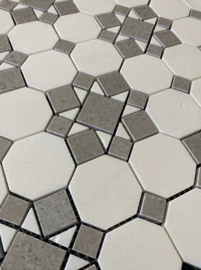 Thassos White Polished Marble Mosaic - Octagon Patio with Gray