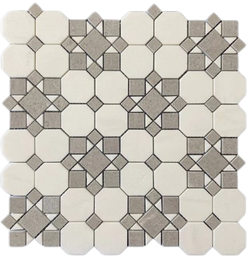 Thassos White Polished Marble Mosaic - Octagon Patio with Gray