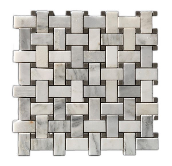Full Sheet Sample - Oriental White Basket Weave with Gray Dots Marble Mosaic - 1" x 2" x 3/8" Honed
