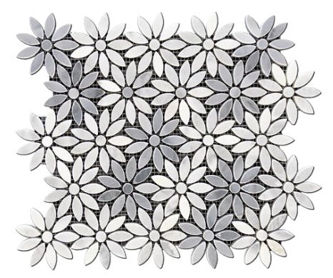 Oriental White Waterjet Polished Marble Mosaic - Daisies