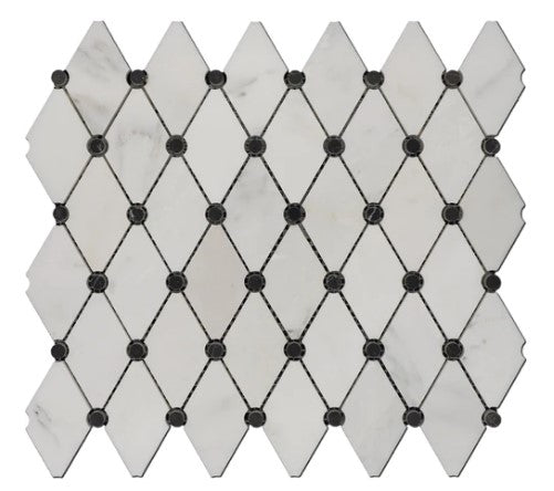 Oriental White Waterjet Polished Marble Mosaic - Fishnet Black Dot