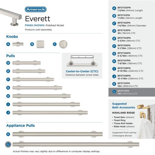 Everett Zinc Polished Nickel Appliance Pull 12