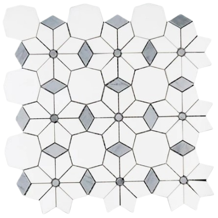 Thassos & Bardiglio Waterjet Polished Marble Mosaic - Diamond Flower