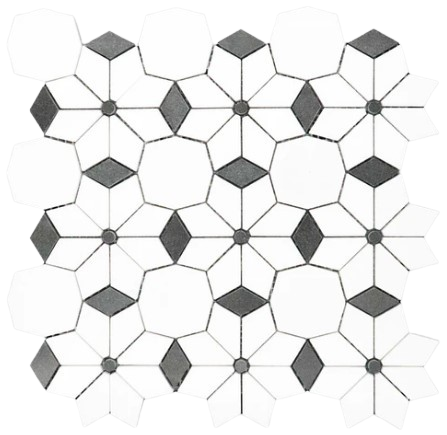 Thassos & Basalt Waterjet Polished Marble Mosaic - Diamond Flower