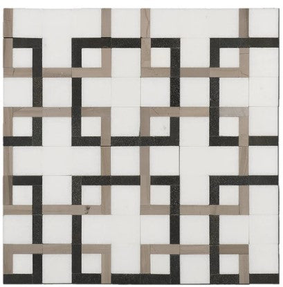 Thassos, Black & Grey Waterjet Polished Marble Mosaic - Labyrinth