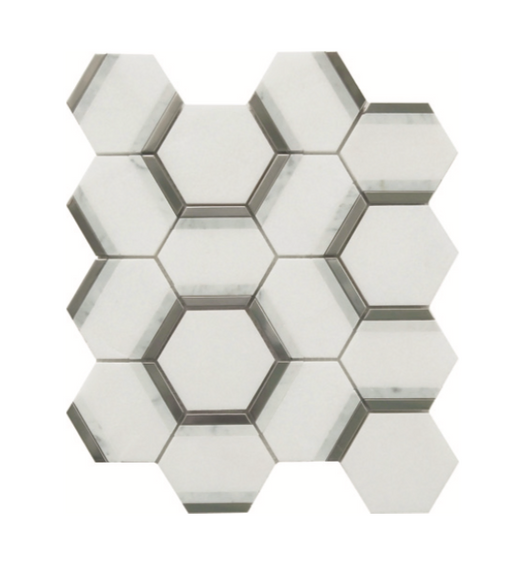 Thassos White, Carrara White & Stainless Steel Marble Mosaic Polished 1