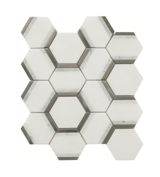 Thassos White, Carrara White & Stainless Steel Marble Mosaic Polished 1