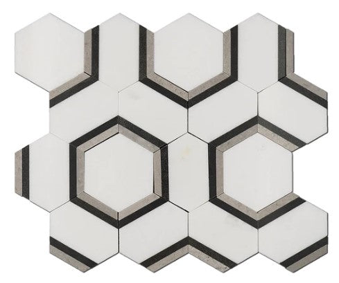 Thassos, Grey & Basalt Waterjet Polished Marble Mosaic - Hexagon Combo Interlock