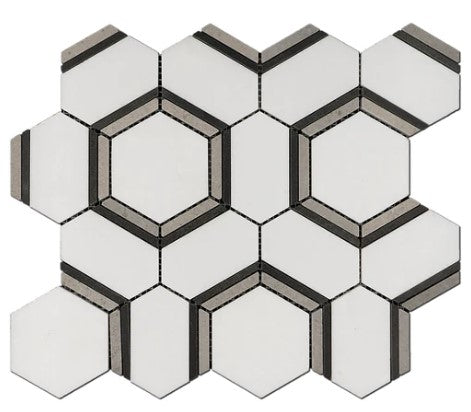 Thassos, Grey & Basalt Waterjet Polished Marble Mosaic - Hexagon Combo