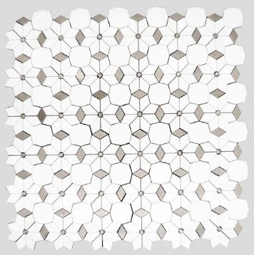 Thassos & Grey Waterjet Polished Marble Mosaic - Diamond Flower