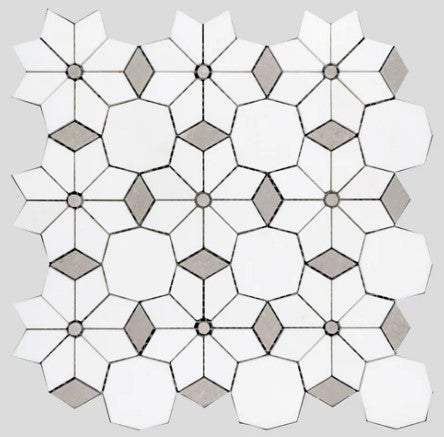 Thassos & Grey Waterjet Polished Marble Mosaic - Diamond Flower