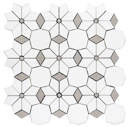 Thassos & Grey Waterjet Polished Marble Mosaic - Diamond Flower