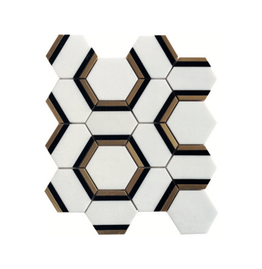 Thassos White, Nero Marquina & Brass Marble Mosaic Polished 1
