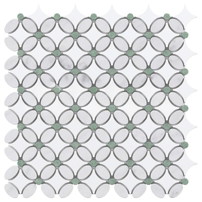 Thassos White Marble Mosaic - Flower with Ming Green Dots Polished