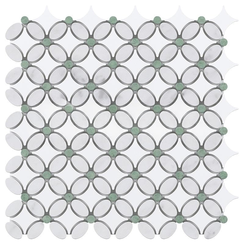 Thassos White Marble Mosaic - Flower with Ming Green Dots Polished