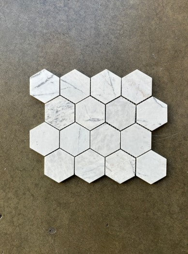 Honed Valentino White Marble Mosaic - 3" Hexagon