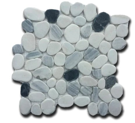 White/Black/Silver Jade Flat Tumbled Pebble Mosaic - 12" x 12"