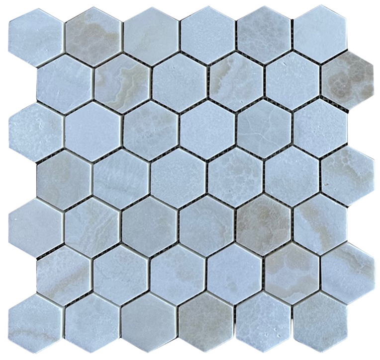 White Cross Cut Onyx Mosaic - 2" Hexagon