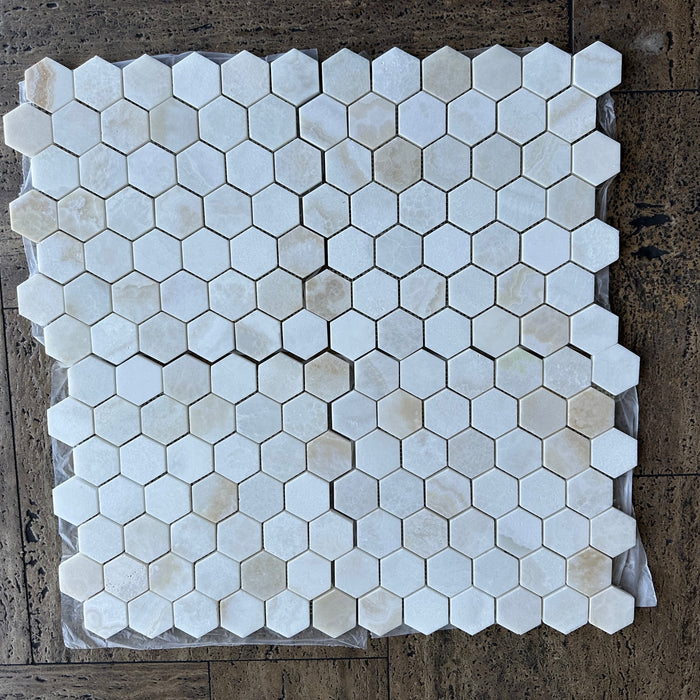 White Cross Cut Onyx Mosaic - 2" Hexagon Polished
