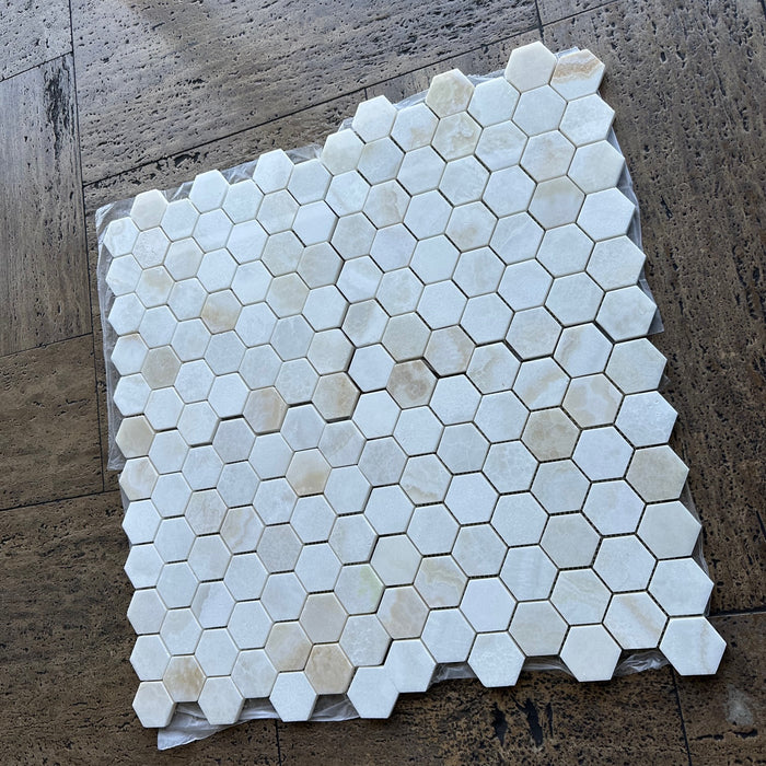 White Cross Cut Polished Onyx Mosaic - 2" Hexagon