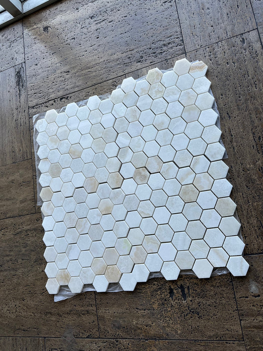 White Cross Cut Polished Onyx Mosaic - 2" Hexagon